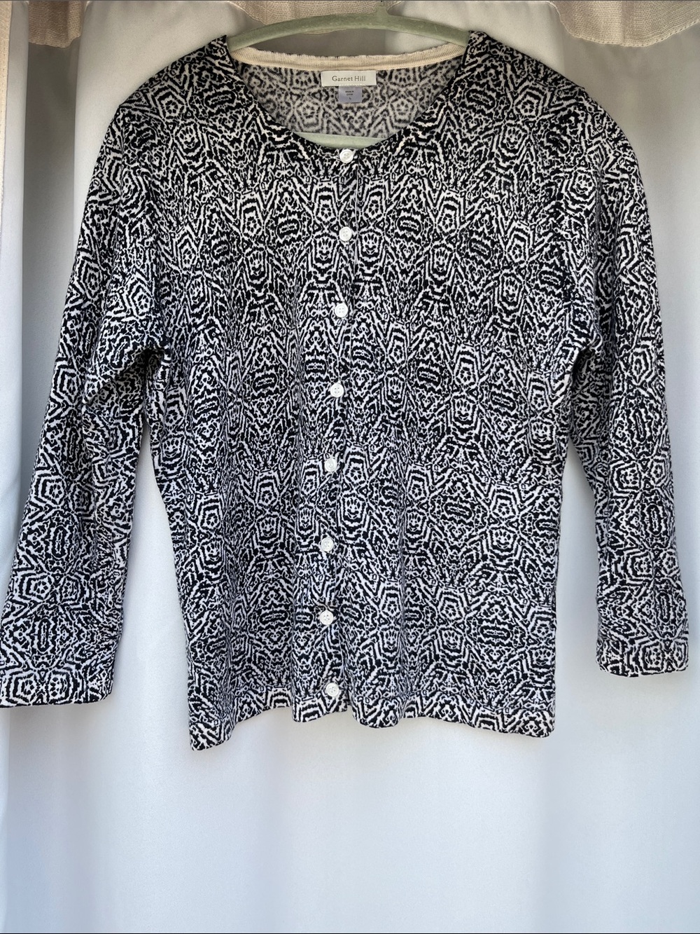 Garnet Hill Merino Wool Black and White Geometric Cardigan